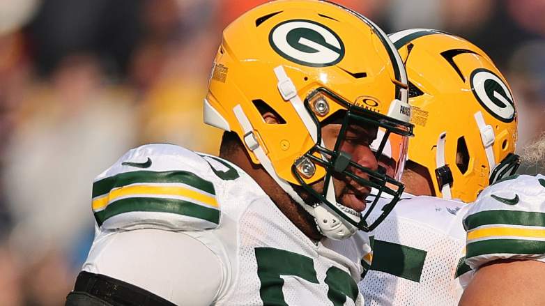 CHICAGO, ILLINOIS - NOVEMBER 17: Zach Tom #50, Sean Rhyan #75, Josh Myers #71, Elgton Jenkins #74 and Rasheed Walker #63 of the Green Bay Packers look on against the Chicago Bears at Soldier Field on November 17, 2024 in Chicago, Illinois. (Photo by Michael Reaves/Getty Images)