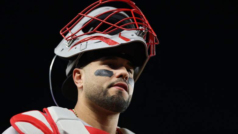 NEW YORK, NEW YORK - OCTOBER 02: Carlos Narváez #75 of the Boston Red Sox walks across the field prior to game three of the American League Wild Card Series against the New York Yankees at Yankee Stadium on October 02, 2025 in the Bronx borough of New York City. (Photo by Al Bello/Getty Images)
