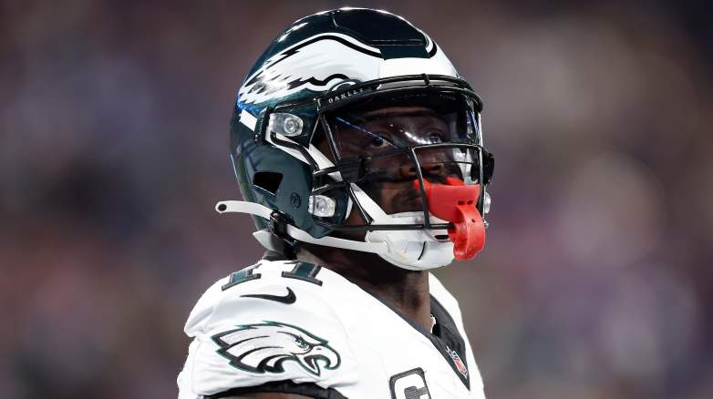 Philadelphia Eagles wide receiver, AJ Brown, looking at the scoreboard during the third quarter of the game against the New York Giants on October 9, 2025.