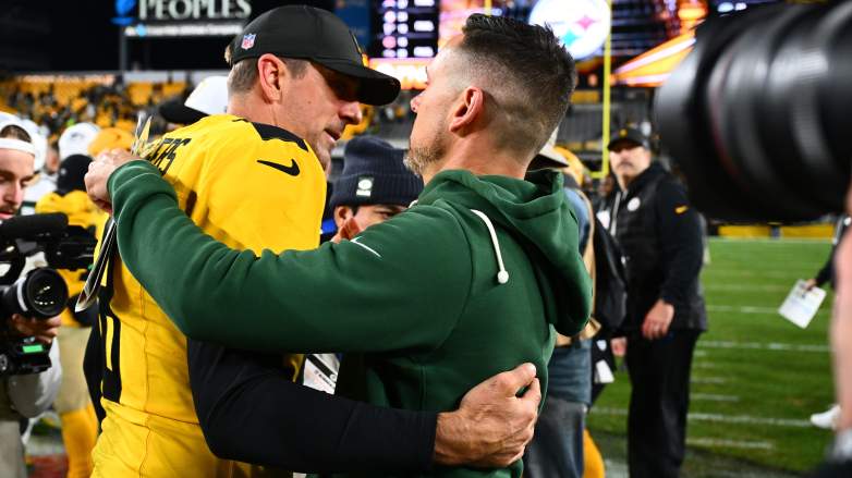 Aaron Rodgers embracing Green Bay Packers coach, Matt LaFleur, after the game against the Pittsburgh Steelers on October 26, 2025.