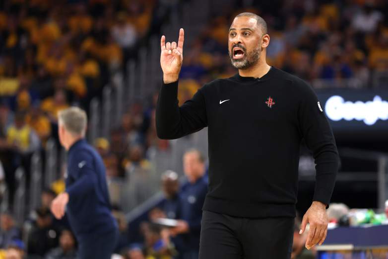 Houston Rockets coach Ime Udoka calls out a play during an NBA game.