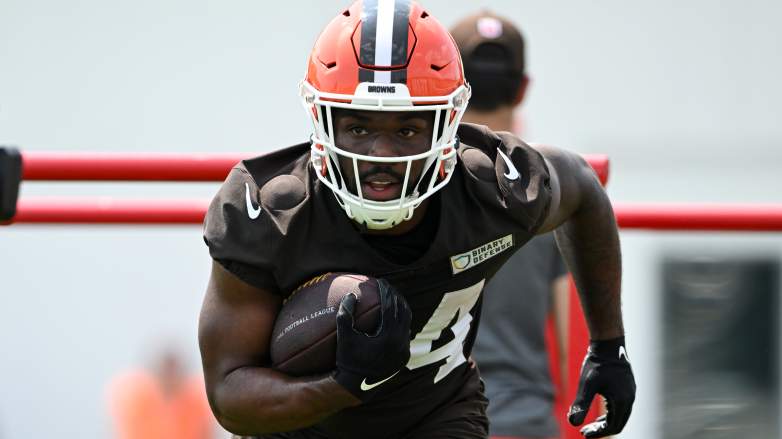 BEREA, OHIO - JUNE 04: Jerome Ford #34 of the Cleveland Browns runs a drill during Cleveland Browns OTA offseason workouts at CrossCountry Mortgage Campus on June 04, 2025 in Berea, Ohio. (Photo by Nick Cammett/Getty Images)
