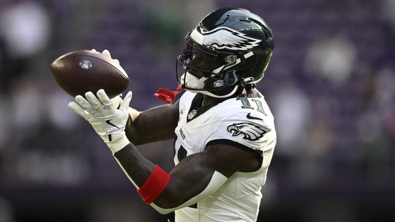 Philadelphia Eagles wide receiver, AJ Brown, warming up prior to the game against the Minnesota Vikings on October 19, 2025.