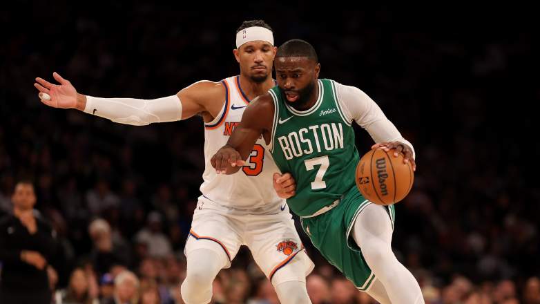 New York Knicks forward Josh Hart guards Boston Celtics forward Jaylen Brown