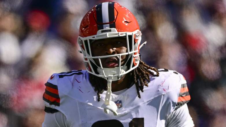 FOXBOROUGH, MASSACHUSETTS - OCTOBER 26: Alex Wright #91 of the Cleveland Browns reacts during the third quarter of the game against the New England Patriots at Gillette Stadium on October 26, 2025 in Foxborough, Massachusetts. (Photo by Billie Weiss/Getty Images)