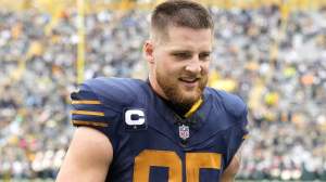 GREEN BAY, WISCONSIN - NOVEMBER 02: Tucker Kraft #85 of the Green Bay Packers walks off the field prior to the game against the Carolina Panthers in the game at Lambeau Field on November 02, 2025 in Green Bay, Wisconsin. (Photo by John Fisher/Getty Images)