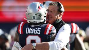 FOXBOROUGH, MASSACHUSETTS - NOVEMBER 02: Stefon Diggs #8 of the New England Patriots hugs head coach Mike Vrabel of the New England Patriots during the first half against the Atlanta Falcons in the game at Gillette Stadium on November 02, 2025 in Foxborough, Massachusetts. (Photo by Maddie Meyer/Getty Images)
