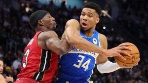 Giannis Antetokounmpo, Bam Adebayo, Heat