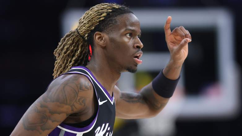 LOS ANGELES, CALIFORNIA - DECEMBER 28: Keon Ellis #23 of the Sacramento Kings looks on during the first half of a game against the Los Angeles Lakers at Crypto.com Arena on December 28, 2024 in Los Angeles, California. (Photo by Sean M. Haffey/Getty Images)