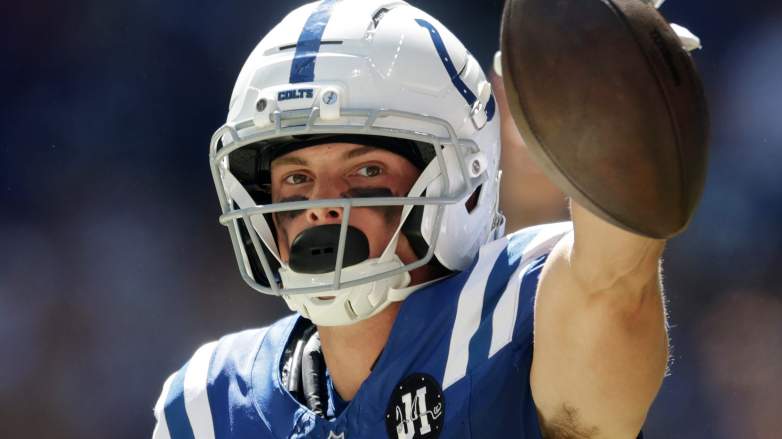INDIANAPOLIS, INDIANA - SEPTEMBER 07: Alec Pierce #14 of the Indianapolis Colts reacts during the third quarter against the Miami Dolphins during the game at Lucas Oil Stadium on September 07, 2025 in Indianapolis, Indiana. (Photo by Michael Hickey/Getty Images)