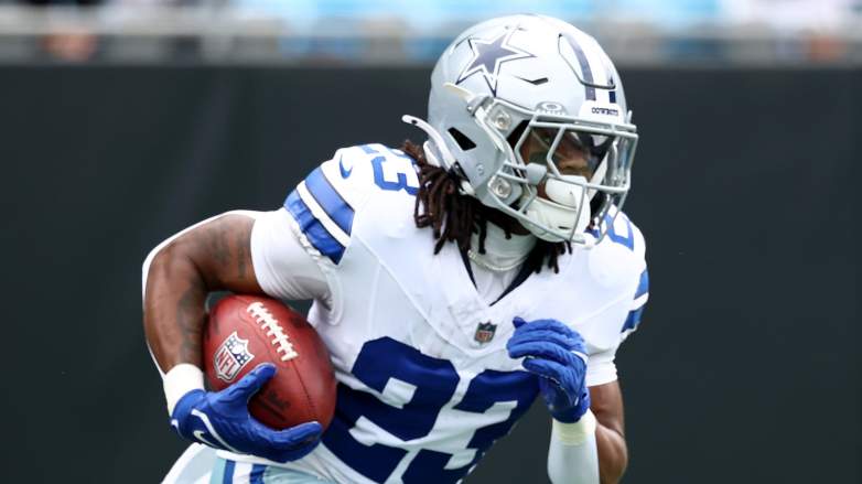 CHARLOTTE, NORTH CAROLINA - OCTOBER 12: Jaydon Blue #23 of the Dallas Cowboys carries the ball following a kickoff during the NFL 2025 game against the Carolina Panthers at Bank of America Stadium on October 12, 2025 in Charlotte, North Carolina. (Photo by Jared C. Tilton/Getty Images)