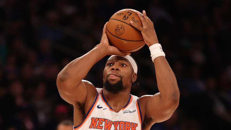 NEW YORK, NEW YORK - OCTOBER 24: Guerschon Yabusele #28 of the New York Knicks shoots against Neemias Queta #88 of the Boston Celtics during the second quarter at Madison Square Garden on October 24, 2025 in New York City. NOTE TO USER: User expressly acknowledges and agrees that, by downloading and or using this photograph, User is consenting to the terms and conditions of the Getty Images License Agreement. (Photo by Al Bello/Getty Images)