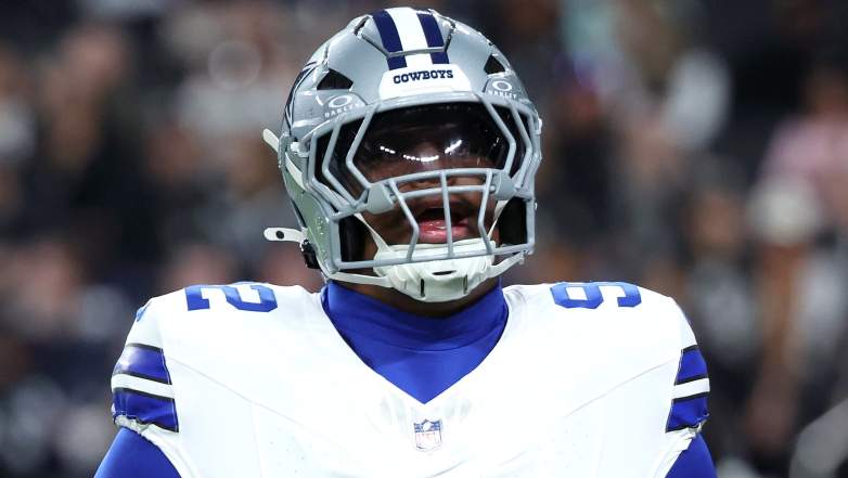 LAS VEGAS, NEVADA - NOVEMBER 17: Quinnen Williams #92 of the Dallas Cowboys warms up before the game against the Las Vegas Raiders at Allegiant Stadium on November 17, 2025 in Las Vegas, Nevada. (Photo by Ian Maule/Getty Images)