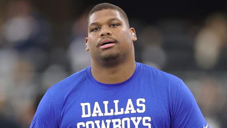ARLINGTON, TEXAS - NOVEMBER 23: Quinnen Williams #92 of the Dallas Cowboys participates in warmups prior to a game against the Philadelphia Eagles at AT&T Stadium on November 23, 2025 in Arlington, Texas. (Photo by Stacy Revere/Getty Images)