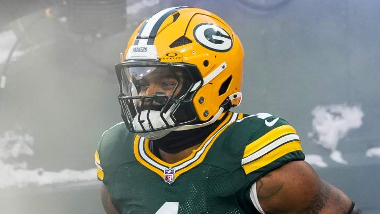 Green Bay Packers edge rusher, Micah Parsons, jogging onto the field prior to the game against the Chicago Bears on December 7, 2025.