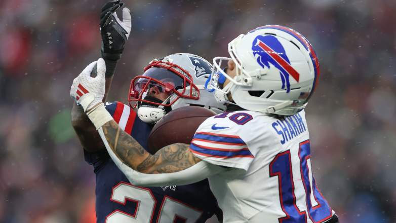 Khalil Shakir of the Buffalo Bills and Marcus Jones of the New England Patriots