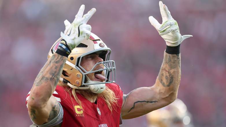 San Francisco 49ers tight end George Kittle reacts during an NFL game.