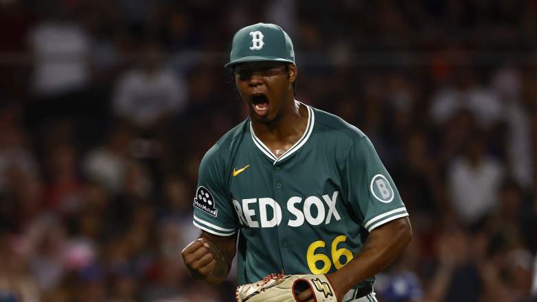 Red Sox starter Brayan Bello celebrates an inning-ending strikeout against the Los Angeles Dodgers at Fenway Park.