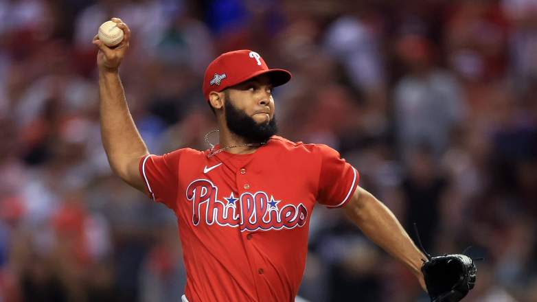 Phillies reliever Seranthony Dominguez pitches against the Diamondbacks at Chase Field during the 2023 NLCS.