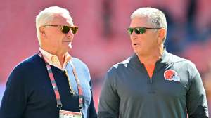 immy Haslam, co-owner of the Cleveland Browns, speaks with defensive coordinator Jim Schwartz prior to the game against the Cincinnati Bengals during the game at Huntington Bank Field on September 07, 2025 in Cleveland, Ohio.