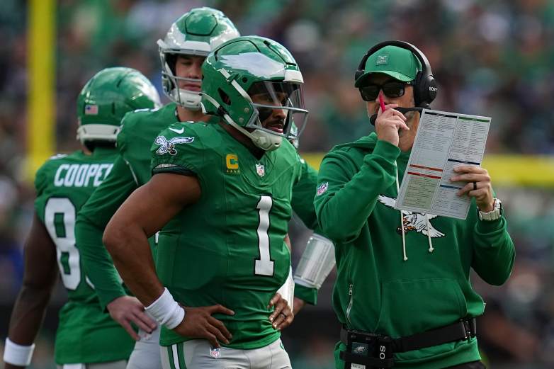 Philadelphia Eagles offensive coordinator Kevin Patullo and QB Jalen Hurts