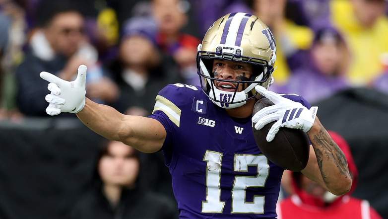 The Browns could be interested in drafting Denzel Boston #12 of the Washington Huskies reacts after a catch against the Illinois Fighting Illini