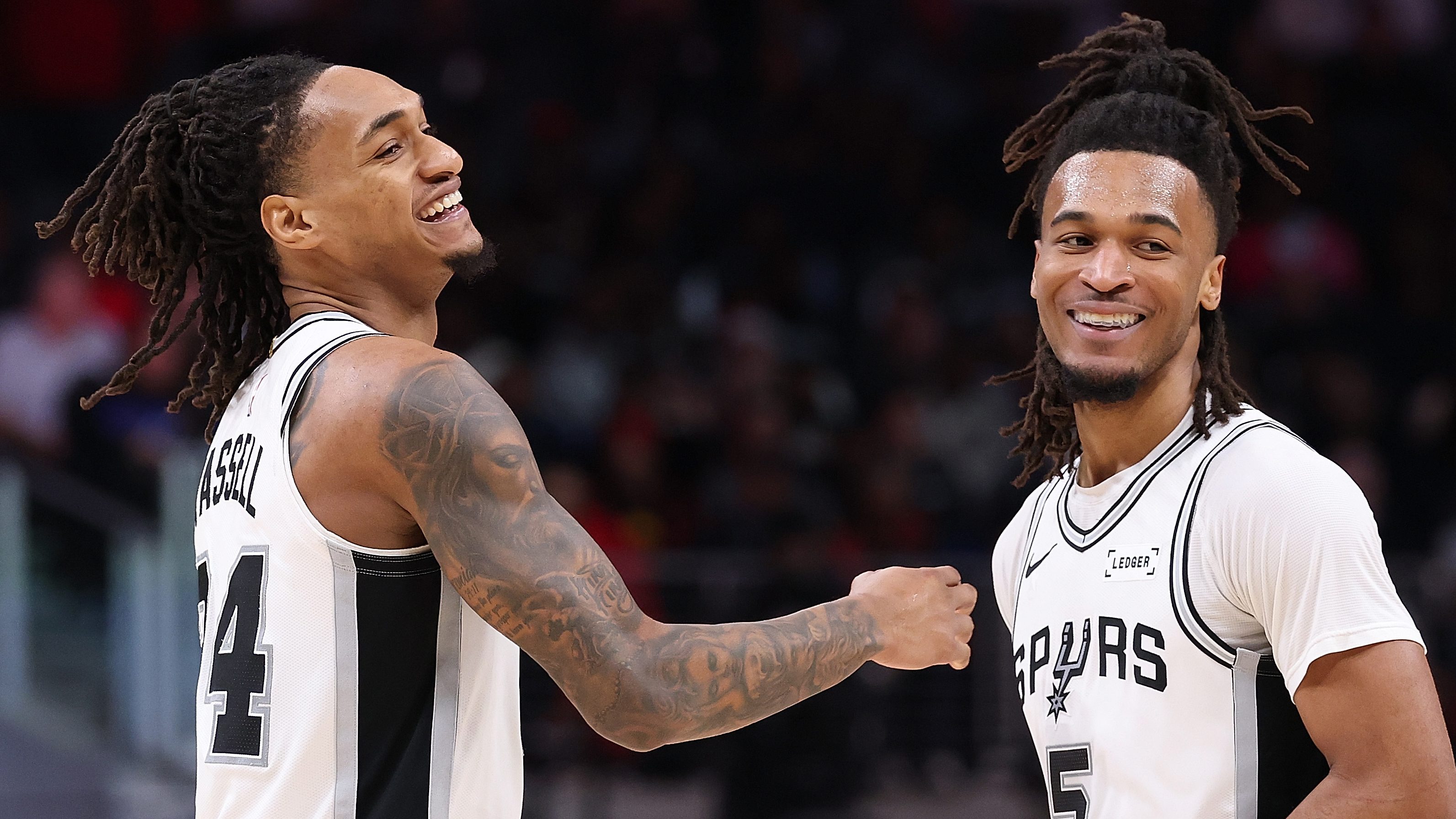 Devin Vassell #24 and Stephon Castle #5 of the San Antonio Spurs