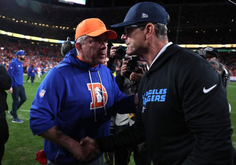 Sean Payton of the Denver Broncos and Jim Harbaugh of the Los Angeles Chargers