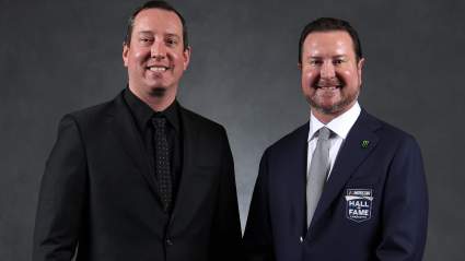 Kyle Busch reacts as brother Kurt Busch enters the NASCAR Hall of Fame