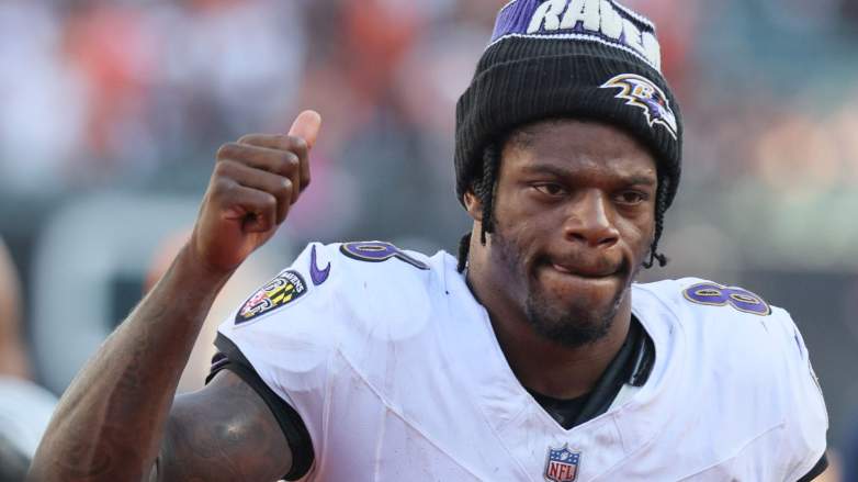 Lamar Jackson #8 of the Baltimore Ravens reacts after defeating the Cincinnati Bengals in overtime at Paycor Stadium on October 06, 2024 in Cincinnati, Ohio