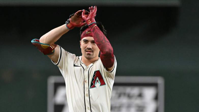 Arizona Diamondbacks outfielder Corbin Carroll celebrates a hit against the St. Louis Cardinals at Chase Field.
