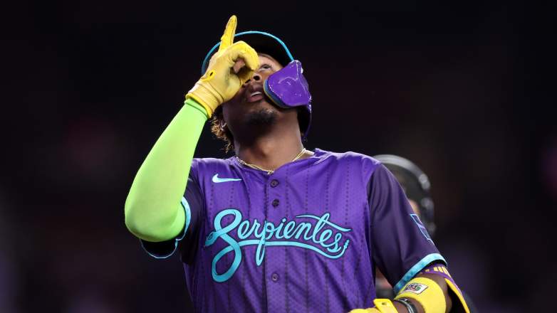 Arizona Diamondbacks shortstop Geraldo Perdomo celebrates a home run against the Boston Red Sox at Chase Field.