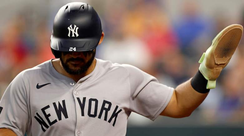 Jasson Dominguez of the New York Yankees reacts during an MLB game