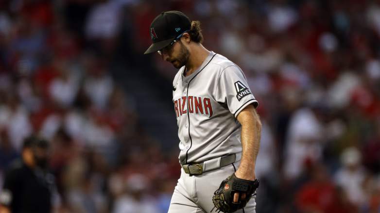 Diamondbacks pitcher Zac Gallen walks off the mound at Angel Stadium.