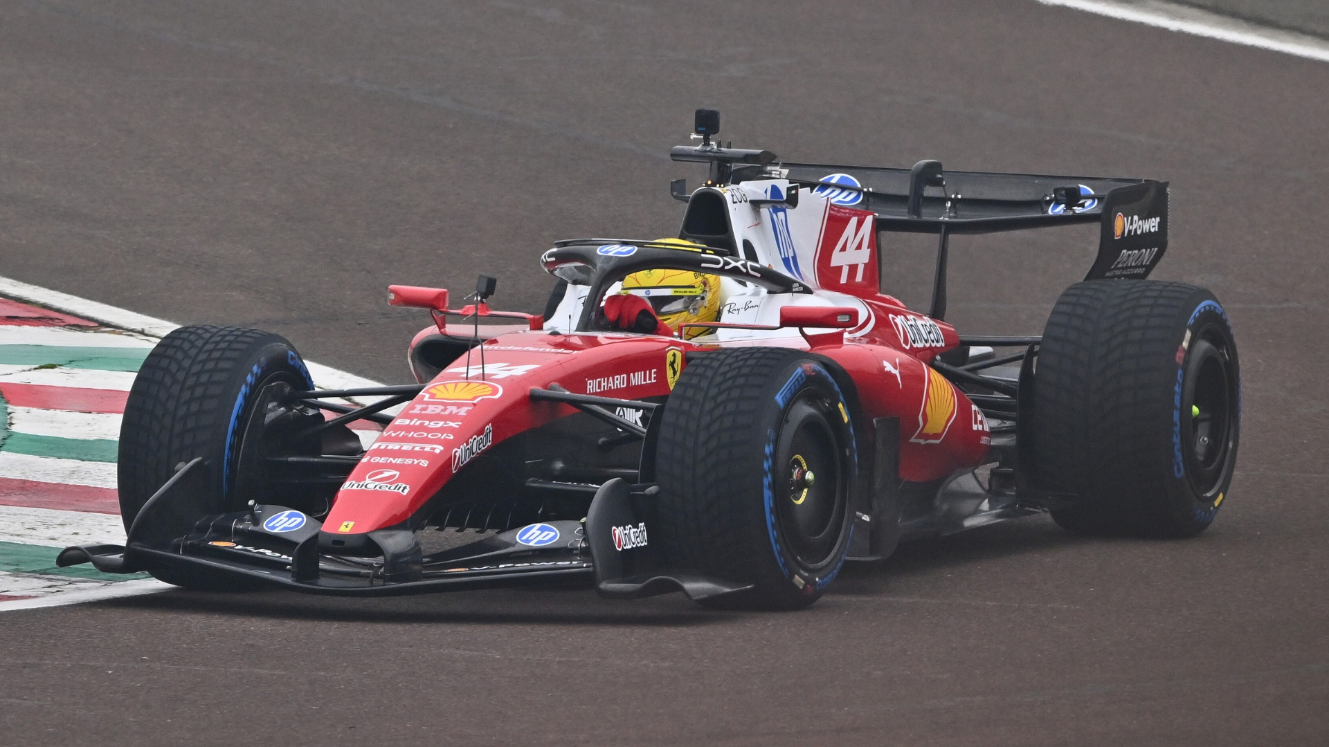 Lewis Hamilton during Ferrari&rsquo;s 2026 Barcelona shakedown as dating rumors with Kim Kardashian gain attention.