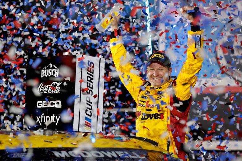 Michael McDowell celebrates after winning the 2021 Daytona 500 at Daytona International Speedway.