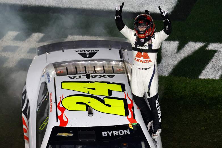 William Byron celebrates after winning the 2024 Daytona 500 at Daytona International Speedway.