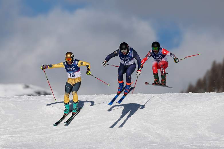 Cornel Renn of Team Germany, David Mobaerg of Team Sweden and Gavin Rowell of Team Canada participate in Men's Freestyle Skiing Ski Cross Training.