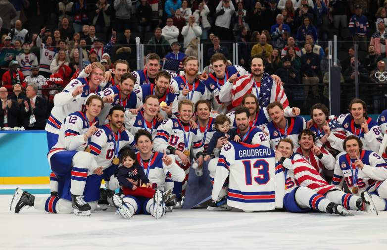 US Ice Hockey team with kids of the late Johnny Gaudreau, Olympics