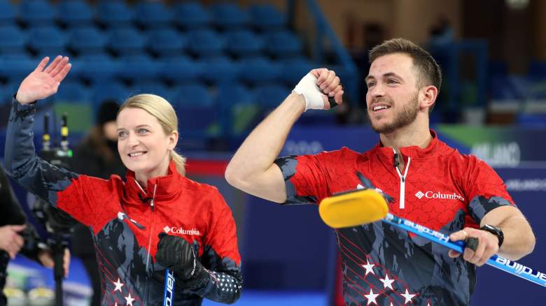 Korey Dropkin of Team United States celebrates with partner Cory Thiesse of Team United States following their victory in the Mixed Doubles Round Robin match between Team United States and Team Switzerland on day minus one of the Milano Cortina 2026 Winter Olympic games at Cortina Curling Olympic Stadium on February 05, 2026