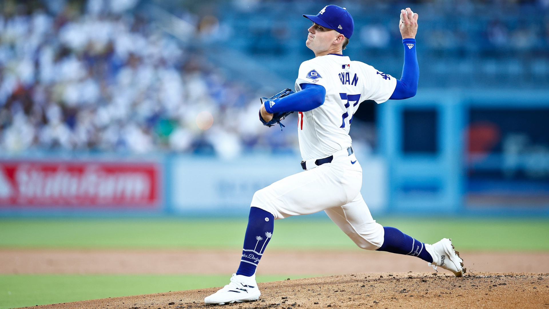 River Ryan delivers a pitch for the Los Angeles Dodgers during a 2024 regular-season start before being sidelined by elbow surgery.