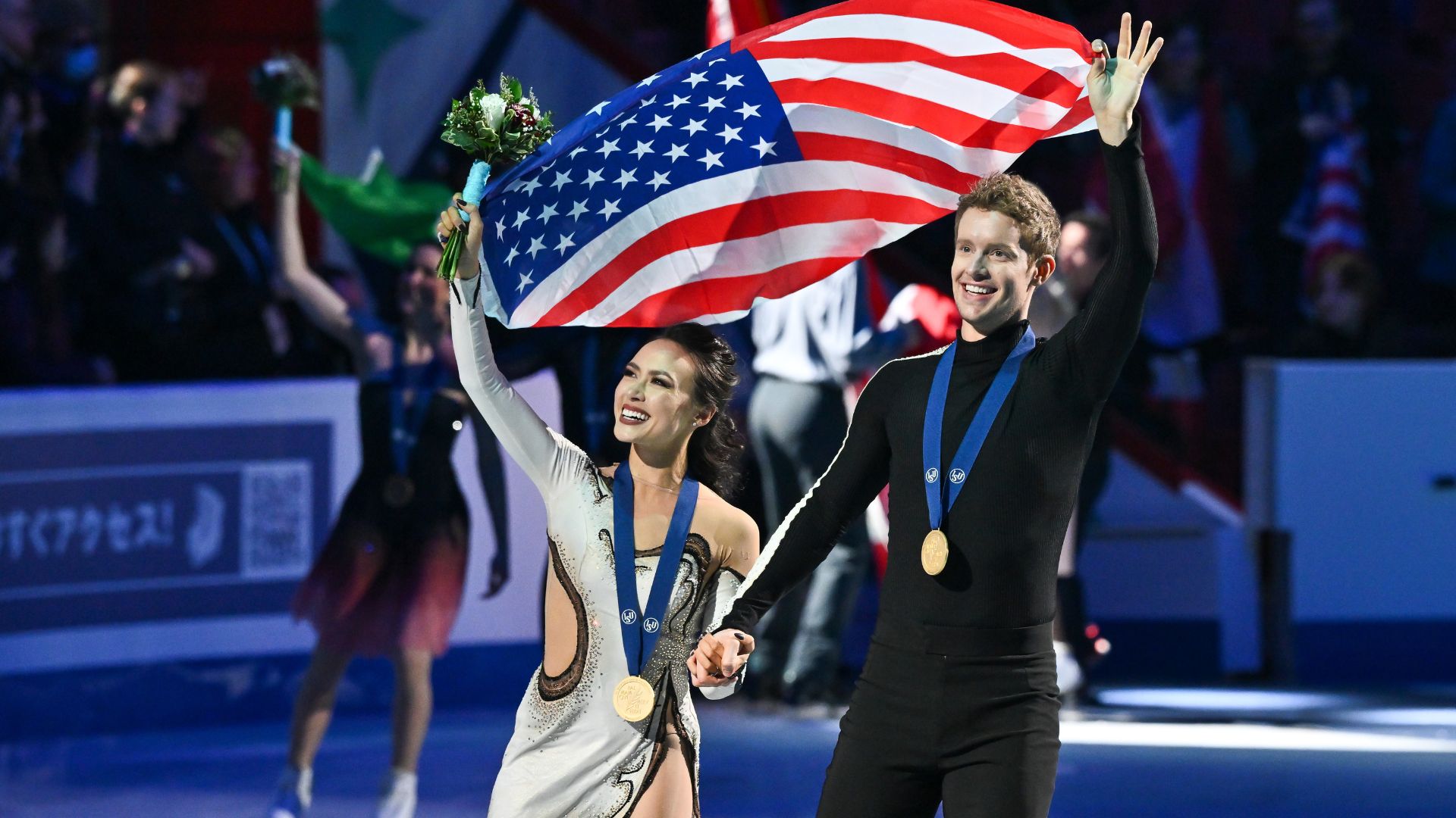 Madison Chock and Evan Bates of the United States skate around the rink after competing and winning gold in the Ice Dance Free Dance during the ISU World Figure Skating Championships at the Bell Centre on March 23, 2024 in Montreal, Quebec, Canada