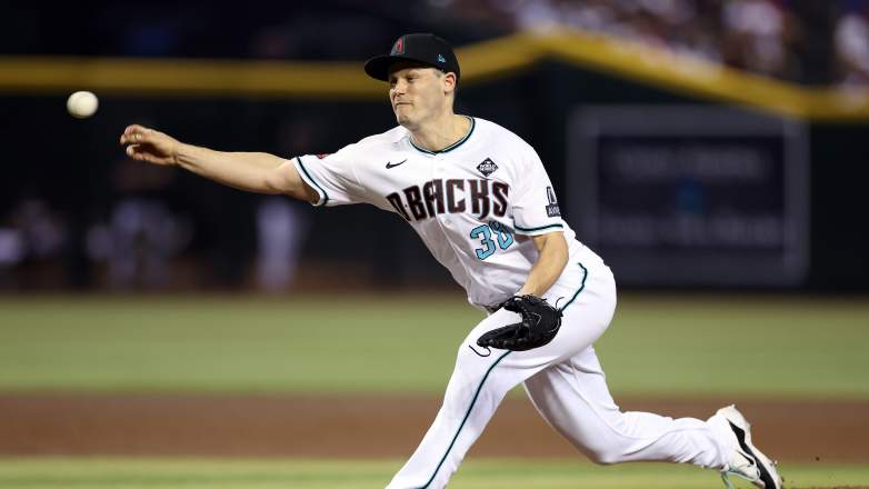 Arizona Diamondbacks closer Paul Sewald pitches at Chase Field in Game 5 of the 2023 World Series against the Texas Rangers.