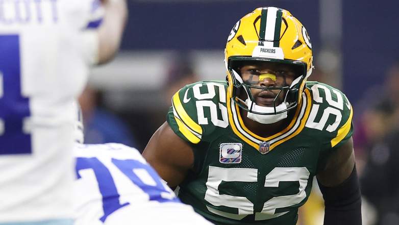 Rashan Gary #52 of the Green Bay Packers anticipates a play during a game against the Dallas Cowboys