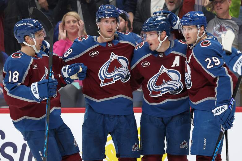 Jack Drury, Martin Necas, Nathan MacKinnon, and Cale Makar.