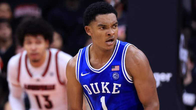 Caleb Foster of the Duke Blue Devils reacts