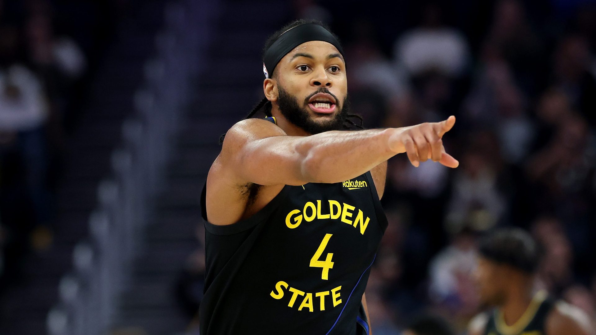 Moses Moody of the Golden State Warriors reacts