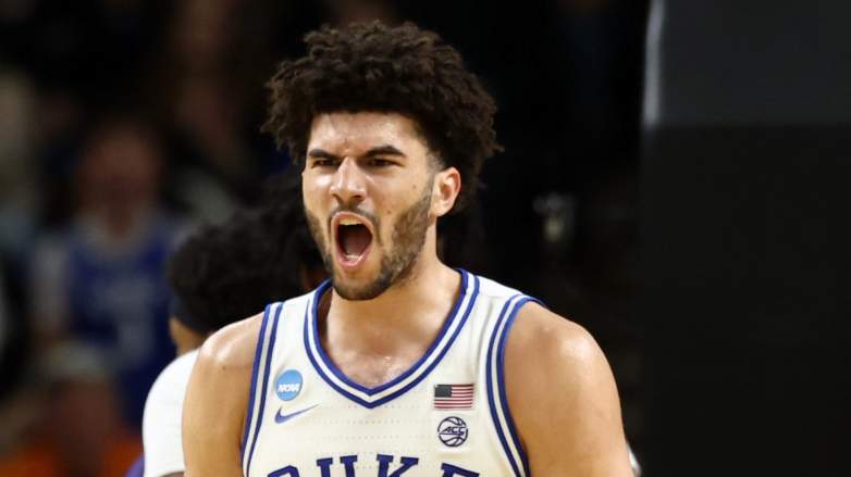 Cameron Boozer of the Duke Blue Devils reacts