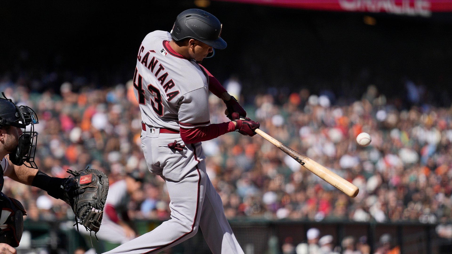 Sergio Alcantara #43 of the Arizona Diamondbacks hits a two-run RBI double against the San Francisco Giants in the top of the seventh inning at Oracle Park on October 01, 2022 in San Francisco, California. (Photo by Thearon W. Henderson/Getty Images)