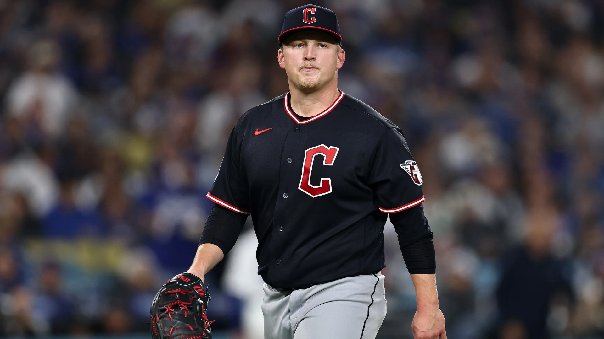 Parker Messick #77 of the Cleveland Guardians looks on against the Los Angeles Dodgers during the sixth inning at Dodger Stadium on March 30, 2026 in Los Angeles, California. (Photo by Luke Hales/Getty Images)